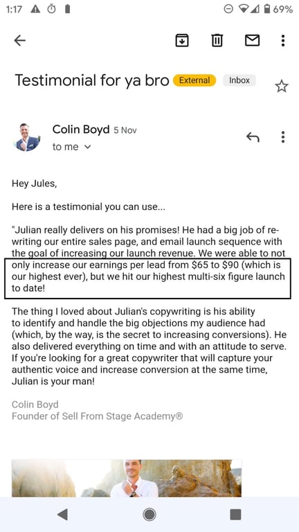 Colin Boyd's written testimonial describing the earnings-per-lead lift and launch result from the email sequence
